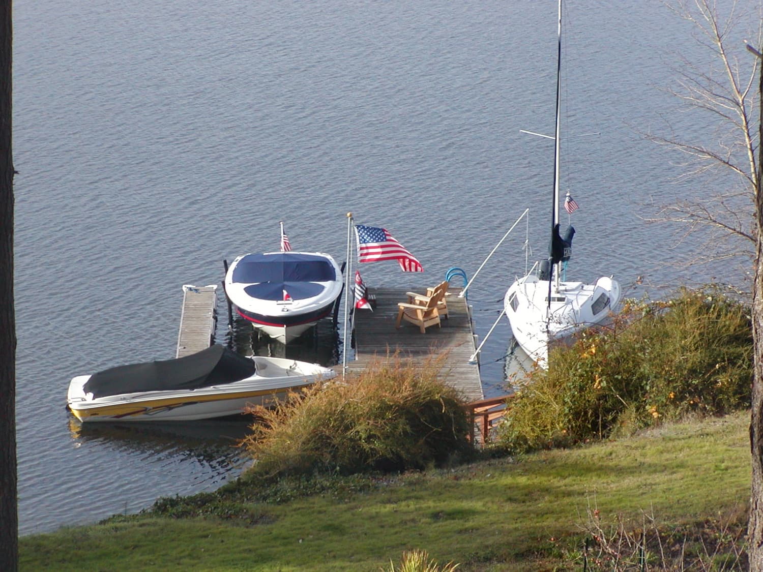 Boats moored at a private dock on Lake Sammamish